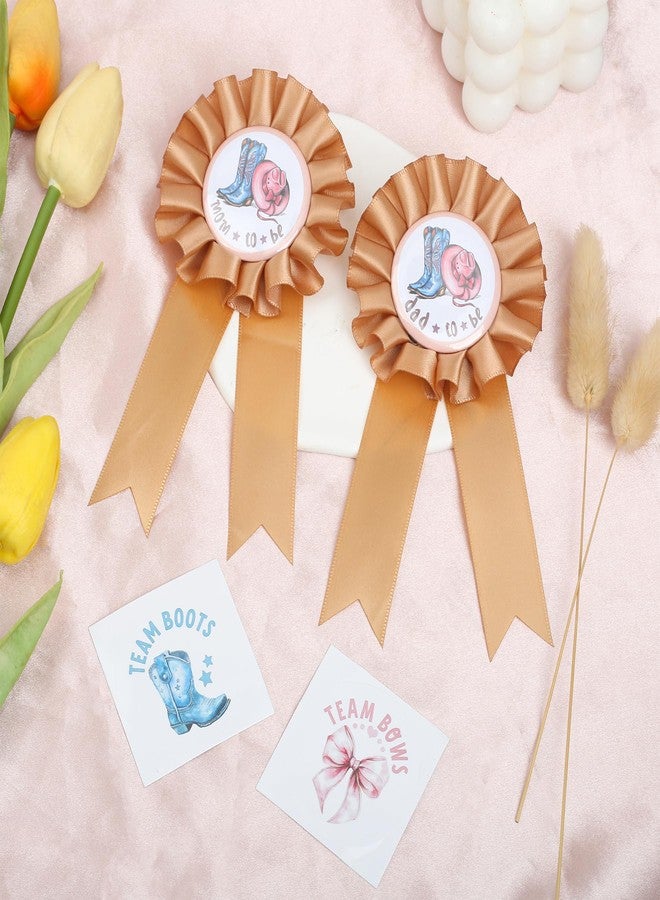 Ohmique 2 PCS Dad and Mom To Be Tinplate Badge Pin with 40 PCS Team Bows Team Boots Gender Reveal Stickers, Boots or Bows Gender Reveal Decorations for Baby Shower Birthday Party Supplies - Image 3