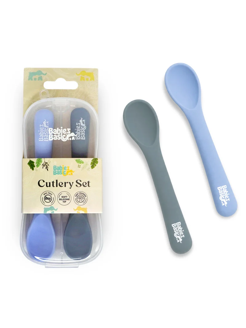 Babies Basic Babies Basic Flexible Silicone Spoon Set with travel case for kids, Indigo and Blue
