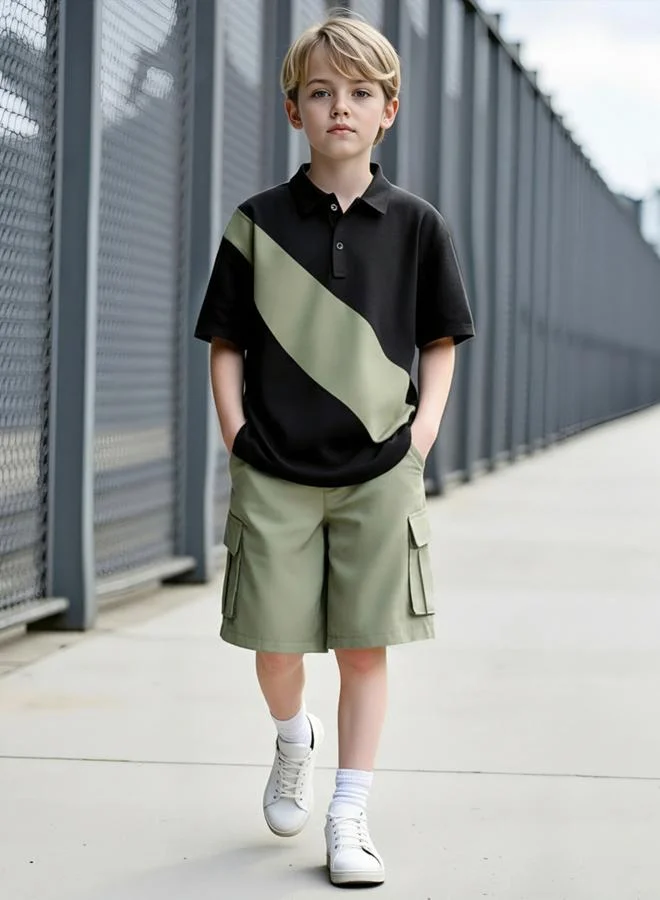 Take Two Boys Color Block Polo and Cargo Shorts Set