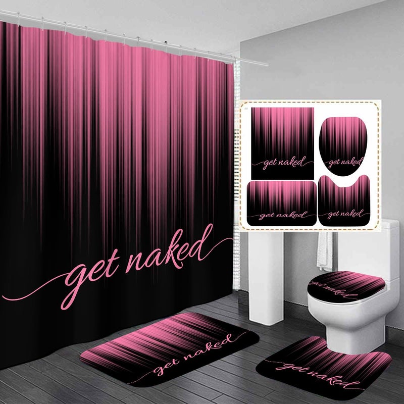 AAtter 4 Piece Pink and Black Shower Curtain Set Get Naked Ombre Girls Women 60Wx72L Curtains Decor with Non-Slip Rugs, Toilet Lid Cover and Bath Mat Bathroom Accessorie Home Bathtub Set, Gradient - Image 1