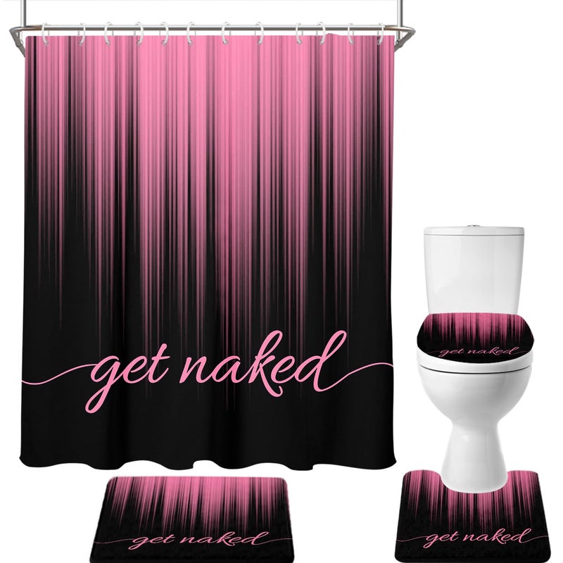 AAtter 4 Piece Pink and Black Shower Curtain Set Get Naked Ombre Girls Women 60Wx72L Curtains Decor with Non-Slip Rugs, Toilet Lid Cover and Bath Mat Bathroom Accessorie Home Bathtub Set, Gradient - Image 5