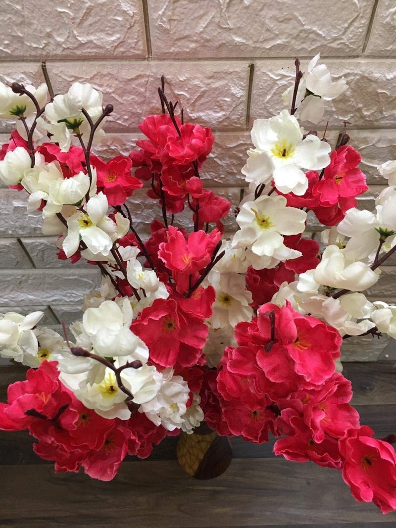 Coolkart Beautiful Fabric Cherry Peach Blossom Orchid Artificial Flower Bunch for Vase Home Decor Pack of 2 Bunch White and Dark Pink Color (14 Stems) Made in India - Image 4