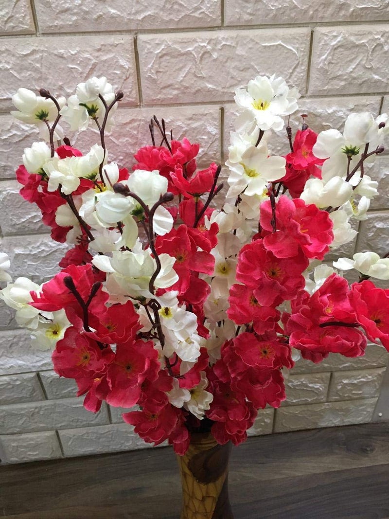 Coolkart Beautiful Fabric Cherry Peach Blossom Orchid Artificial Flower Bunch for Vase Home Decor Pack of 2 Bunch White and Dark Pink Color (14 Stems) Made in India - Image 2