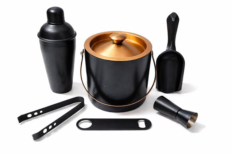 Nooks Stainless Steel Bar Accessories Set - 6pcs Combo Pack in Black With Ice Bucket 1ltr, Tong, Cocktail Shaker, Peg Measure and Opener for Home and Mini Bar - Image 1