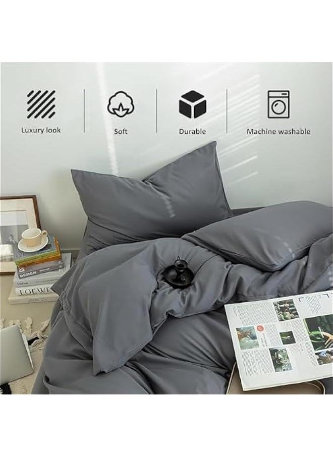 HOOKOR Cotton Duvet Cover Set, 4 Pieces Soft Brushed Microfiber Comforter Cover with Zipper Closure, Include 1 Duvet Cover 1 Flat Sheet and 2 Pillowcase (Grey, 220x240cm)  - Image 2