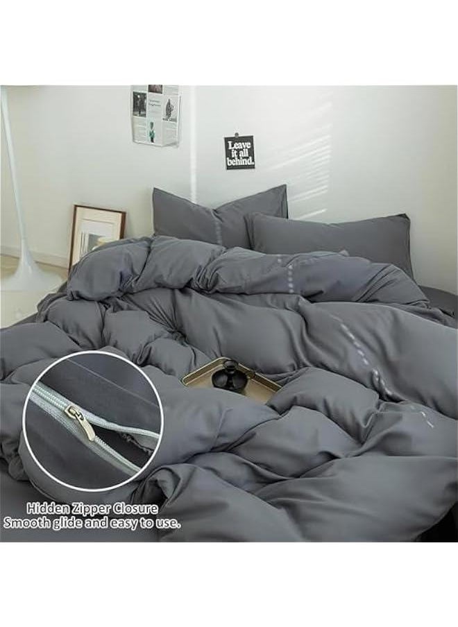 HOOKOR Cotton Duvet Cover Set, 4 Pieces Soft Brushed Microfiber Comforter Cover with Zipper Closure, Include 1 Duvet Cover 1 Flat Sheet and 2 Pillowcase (Grey, 220x240cm)  - Image 4