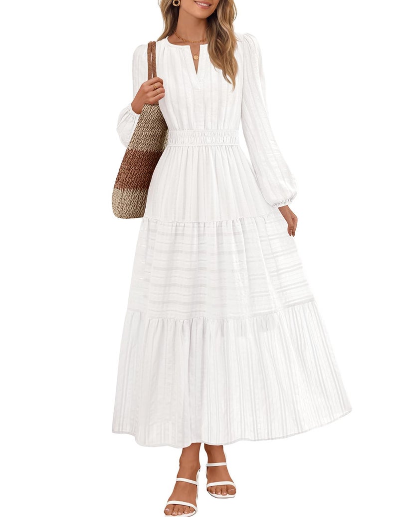 MEROKEETY Winter Spring Midi Dresses for Women 2026 Casual Vacation Long Sleeve V Neck Tiered Cotton Maxi Dress Pockets, White, Large - Image 1