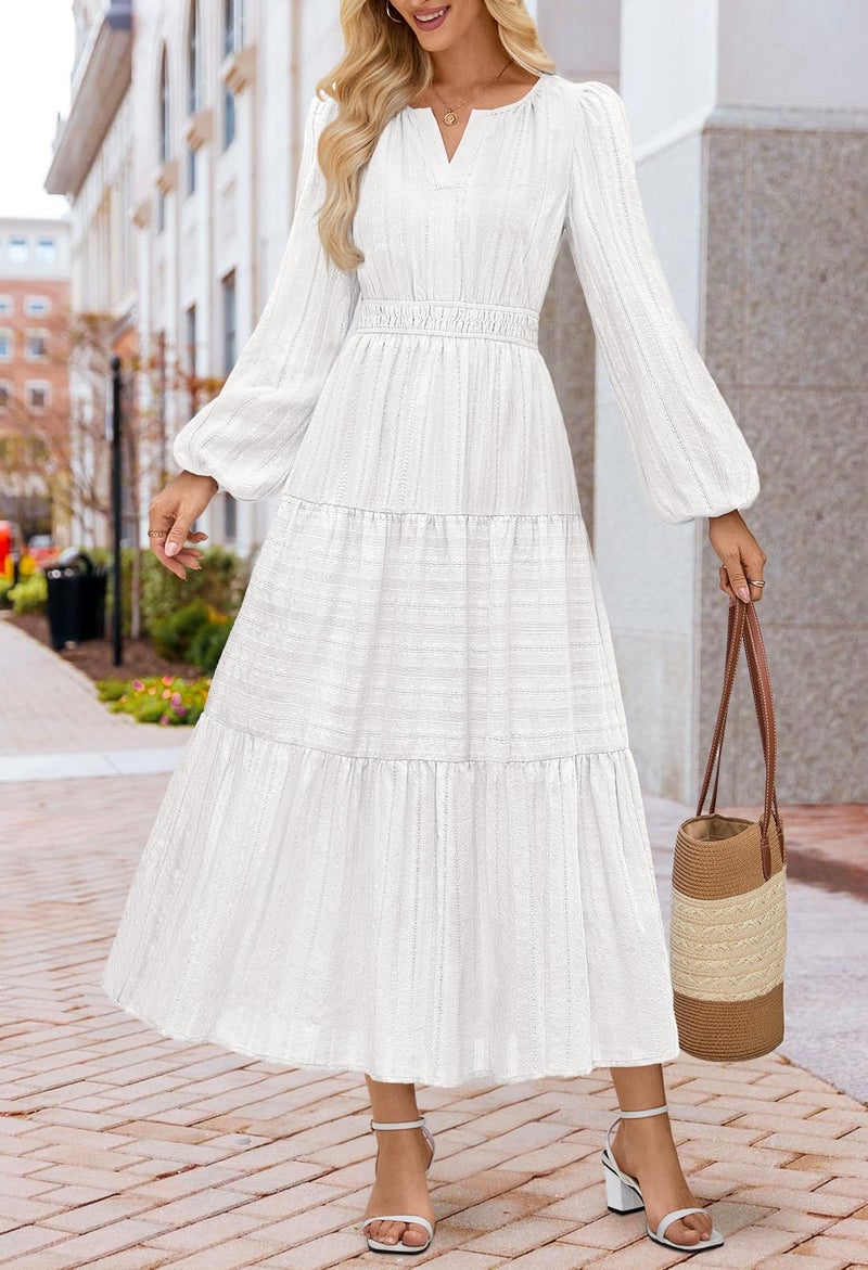 MEROKEETY Winter Spring Midi Dresses for Women 2026 Casual Vacation Long Sleeve V Neck Tiered Cotton Maxi Dress Pockets, White, Large - Image 2