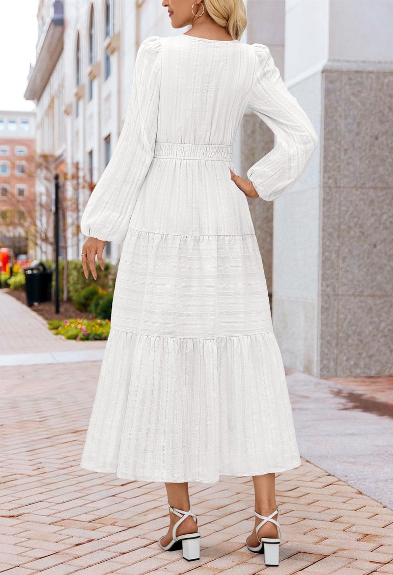 MEROKEETY Winter Spring Midi Dresses for Women 2026 Casual Vacation Long Sleeve V Neck Tiered Cotton Maxi Dress Pockets, White, Large - Image 3