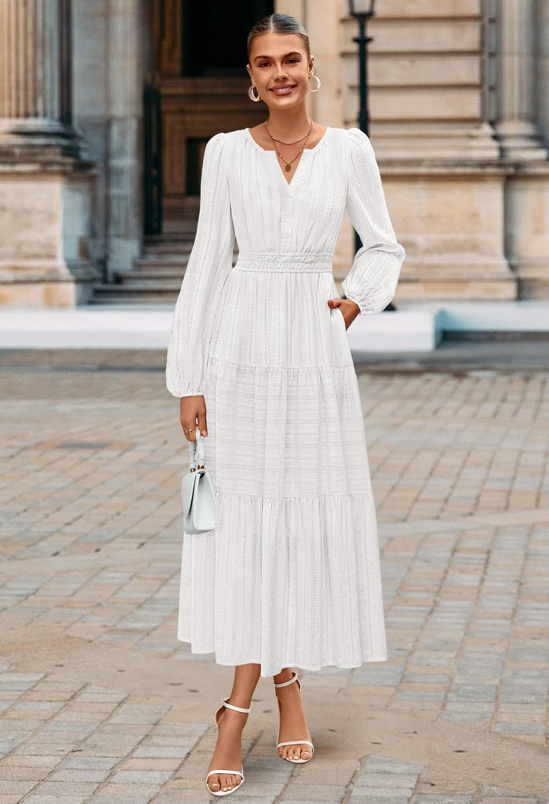 MEROKEETY Winter Spring Midi Dresses for Women 2026 Casual Vacation Long Sleeve V Neck Tiered Cotton Maxi Dress Pockets, White, Large - Image 4