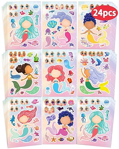 Greingways 24 Pcs Make Your Own Mermaid Sticker Sheets for Kids with Mermaid Face Stickers for Toddlers Girls Crafts Activities Gift Bag Stuffers Birthday Party Valentines Day Gifts for Kids Classroom - Image 1