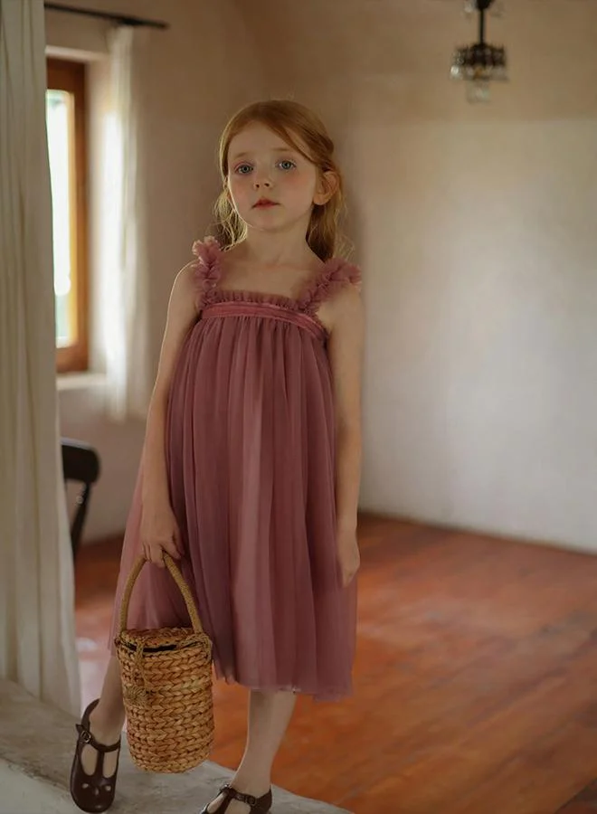 Take Two Girls Solid Mesh Ruffled Sleeveless Dress