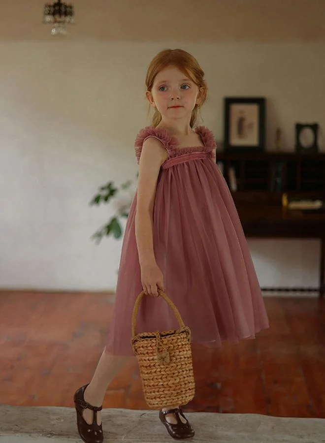 Take Two Girls Solid Mesh Ruffled Sleeveless Dress