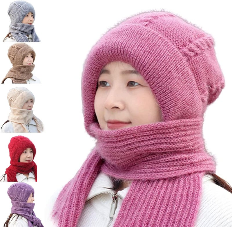 klarako Integrated Ear Protection Windproof Cap Scarf, Knitting Thickening Hat Scarf, Winter Warm Anticold Knitted One-Piece Scarf Cap (Lotus Pink) - Image 1