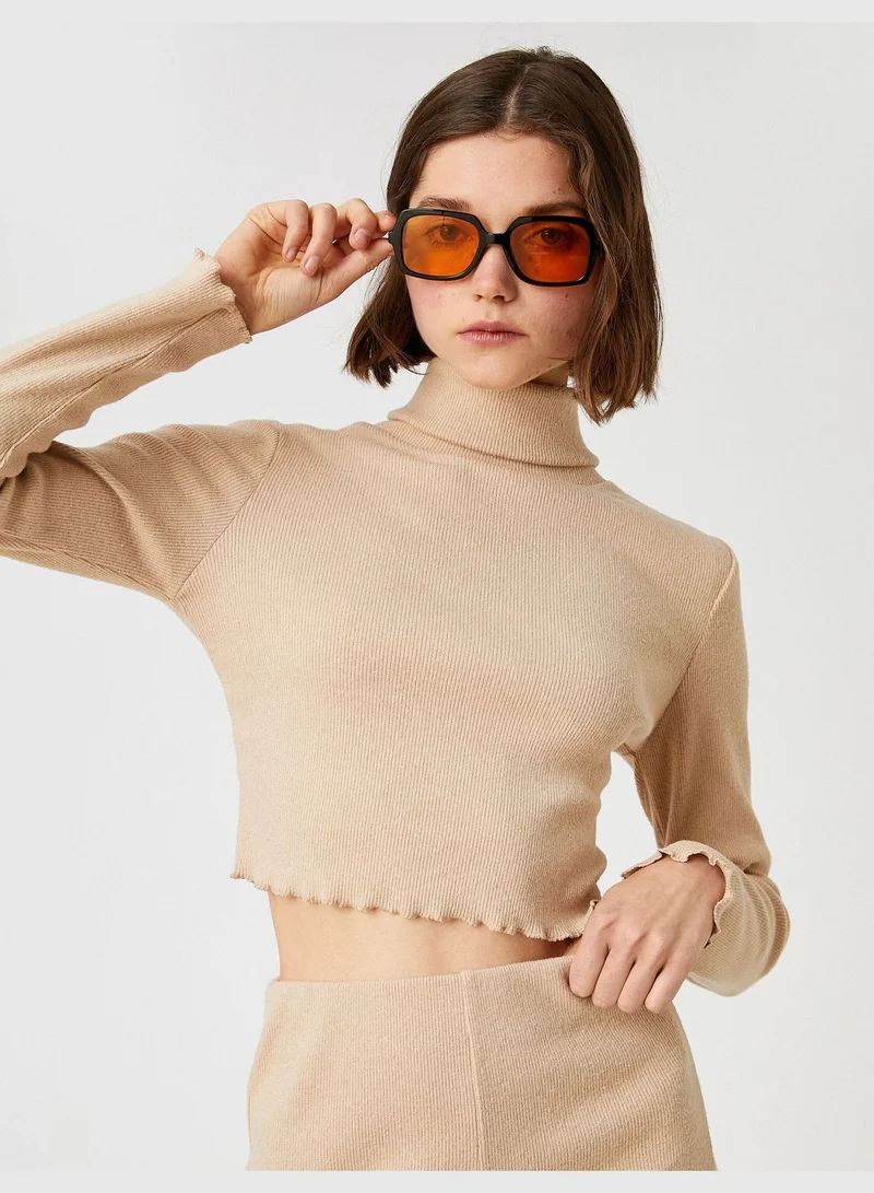 KOTON Long Sleeve Turtleneck Crop T-Shirt Ribbed