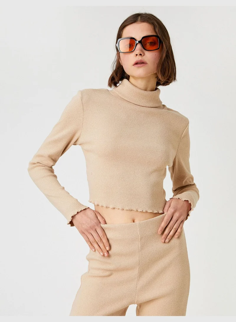 KOTON Long Sleeve Turtleneck Crop T-Shirt Ribbed