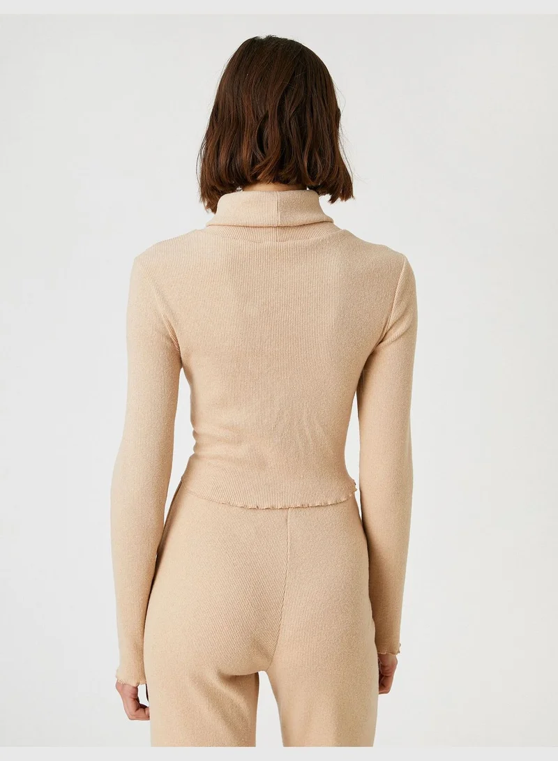 KOTON Long Sleeve Turtleneck Crop T-Shirt Ribbed