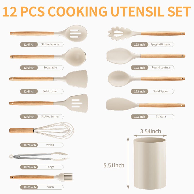 Weozhcie Silicone Cooking Utensil Set,12 PCS Cooking Cookware Kitchen Utensils Set for Cooking, Nonstick 446Â°F Heat-Resistant Cookware Kitchen Tools of Spoon,Brush,Whisk,Spatula,Turner Tongs (Khaki) - Image 2