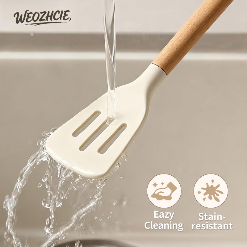 Weozhcie Silicone Cooking Utensil Set,12 PCS Cooking Cookware Kitchen Utensils Set for Cooking, Nonstick 446Â°F Heat-Resistant Cookware Kitchen Tools of Spoon,Brush,Whisk,Spatula,Turner Tongs (Khaki) - Image 5