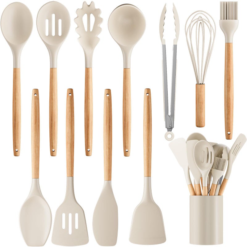 Weozhcie Silicone Cooking Utensil Set,12 PCS Cooking Cookware Kitchen Utensils Set for Cooking, Nonstick 446Â°F Heat-Resistant Cookware Kitchen Tools of Spoon,Brush,Whisk,Spatula,Turner Tongs (Khaki) - Image 1