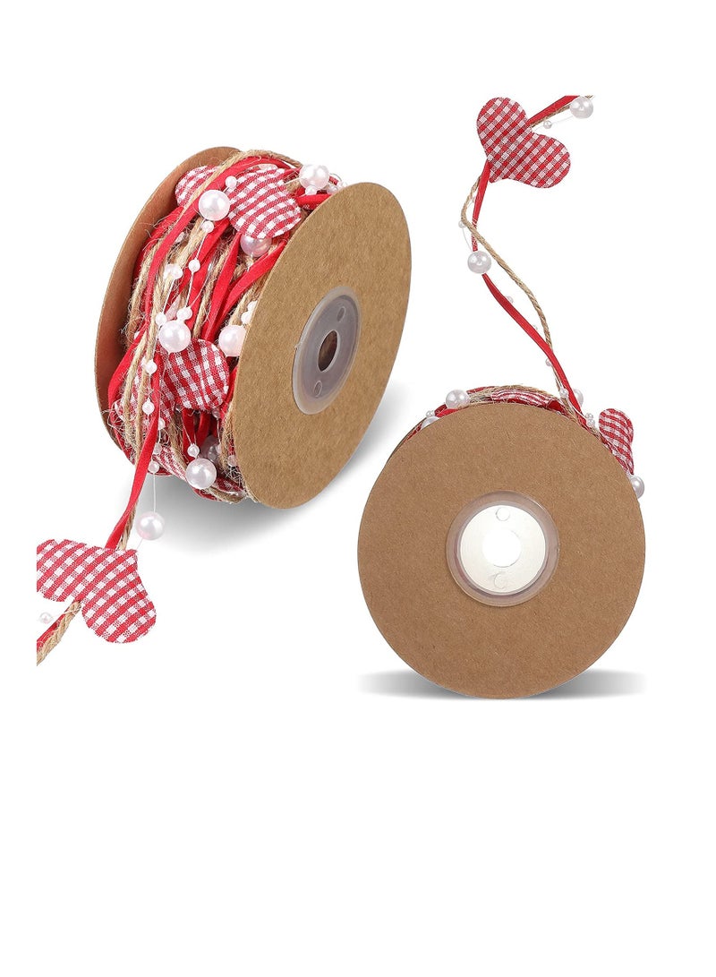 2 Rolls Valen tines Wired Ribbon Faux Wired Pearl Garland Heart Bead Valen tine Day Ribbon Heart Garland Wreath Artificial Bead Pearl Ribbon Wedding Party Decor 11 Yard - Image 1