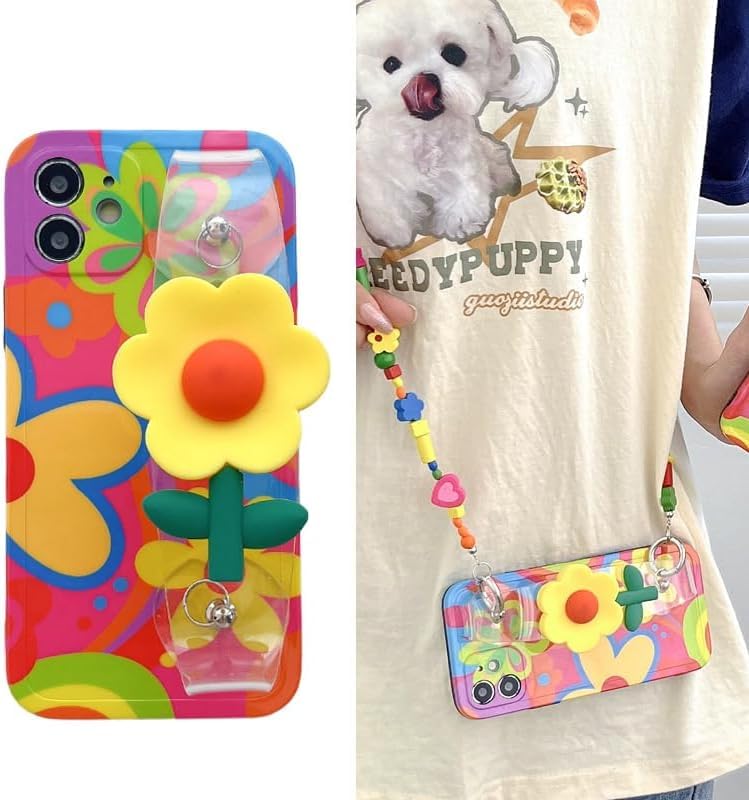 Parlberd for iPhone 16 Pro Max Case with Lanyard 69  Cute Kawaii Flower Design Crossbody Phone Case  Wrist Strap Unique Cute Kawaii Colorful Painting Flowers Design for Girls and Women - Image 1