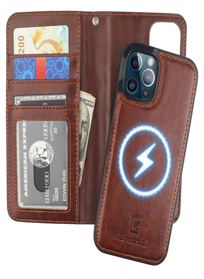 Bocasal for iPhone 12/12 Pro Wallet Case Compatible with MagSafe Wireless Charging, RFID Blocking Magnetic Leather Case with Card Slots Holder Kickstand Detachable Wrist Strap 6.1 Inch (Brown) - Image 1