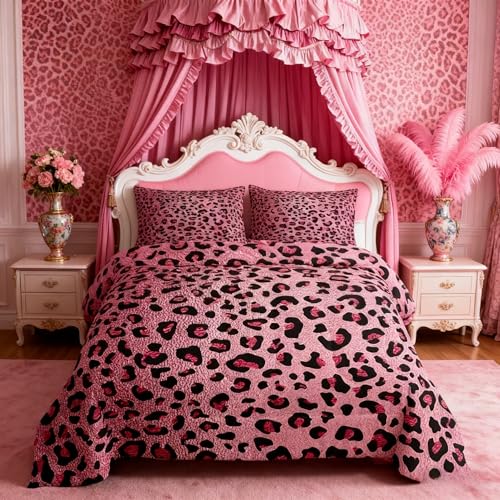 Homewish Pink Leopard Print Comforter Set Full SizeCheetah Bedding Set 3pcs for Kids Teens Girls Adults Room DecorWild Animal Skin Texture Quilt Set Romantic Fashion Duvet Insert with 2 Pillowcases - Image 1