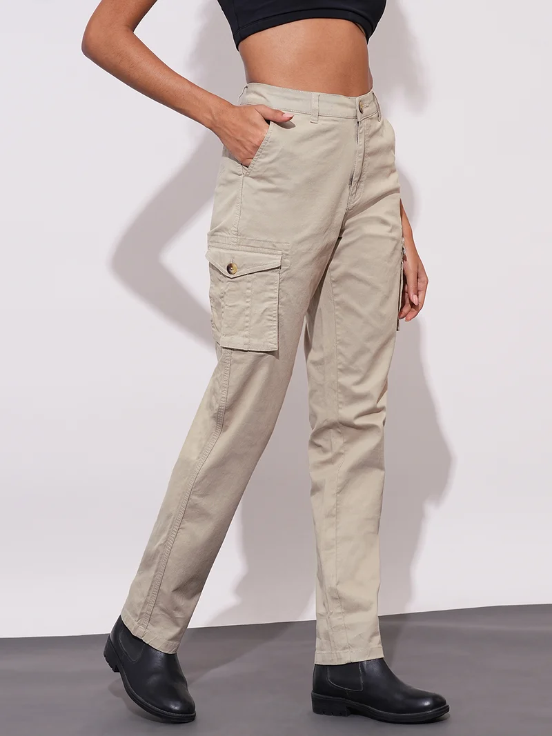 globus Women Cotton Stretchable High-Rise Relaxed Fit Cargo Trousers