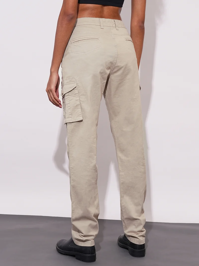 globus Women Cotton Stretchable High-Rise Relaxed Fit Cargo Trousers