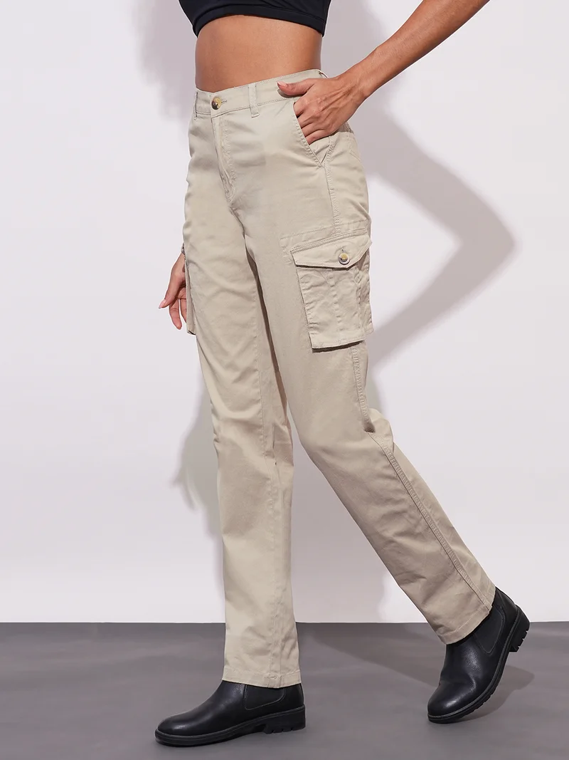 globus Women Cotton Stretchable High-Rise Relaxed Fit Cargo Trousers