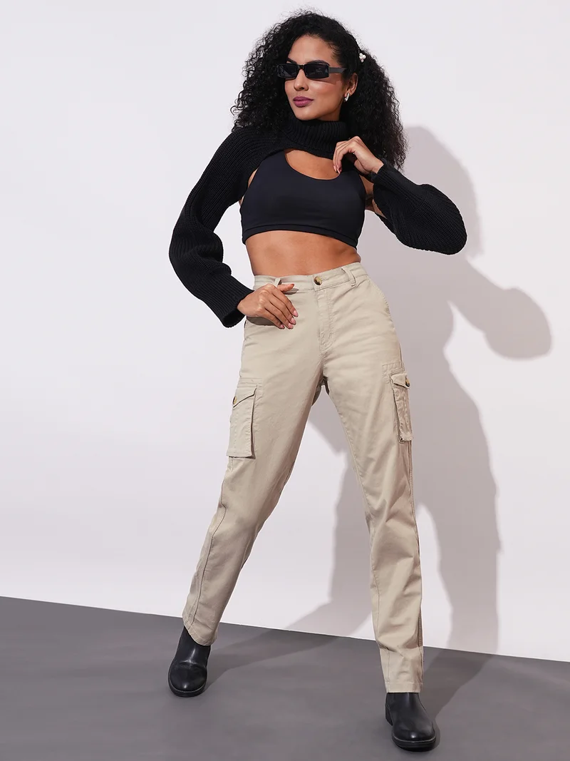 globus Women Cotton Stretchable High-Rise Relaxed Fit Cargo Trousers