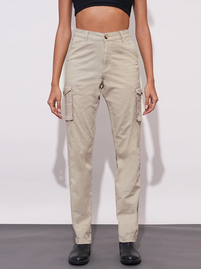 globus Women Cotton Stretchable High-Rise Relaxed Fit Cargo Trousers