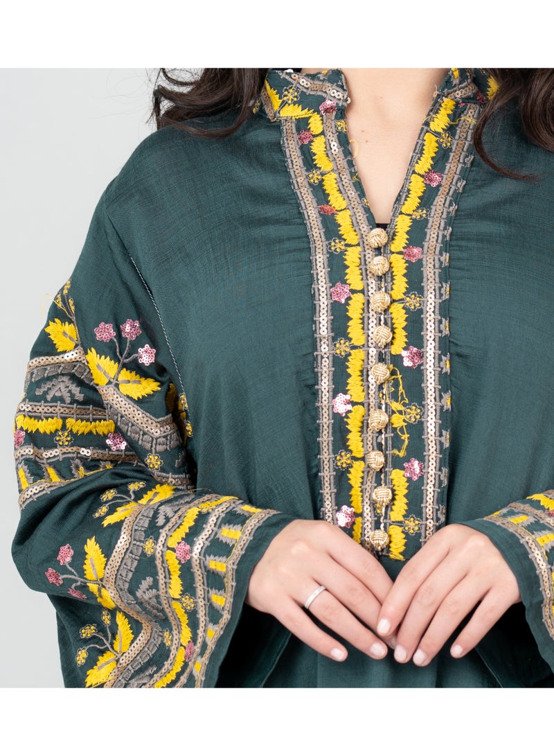 IKKXA Solid Embroidery Jalabiya with Pocket OMN06 Green - Image 4