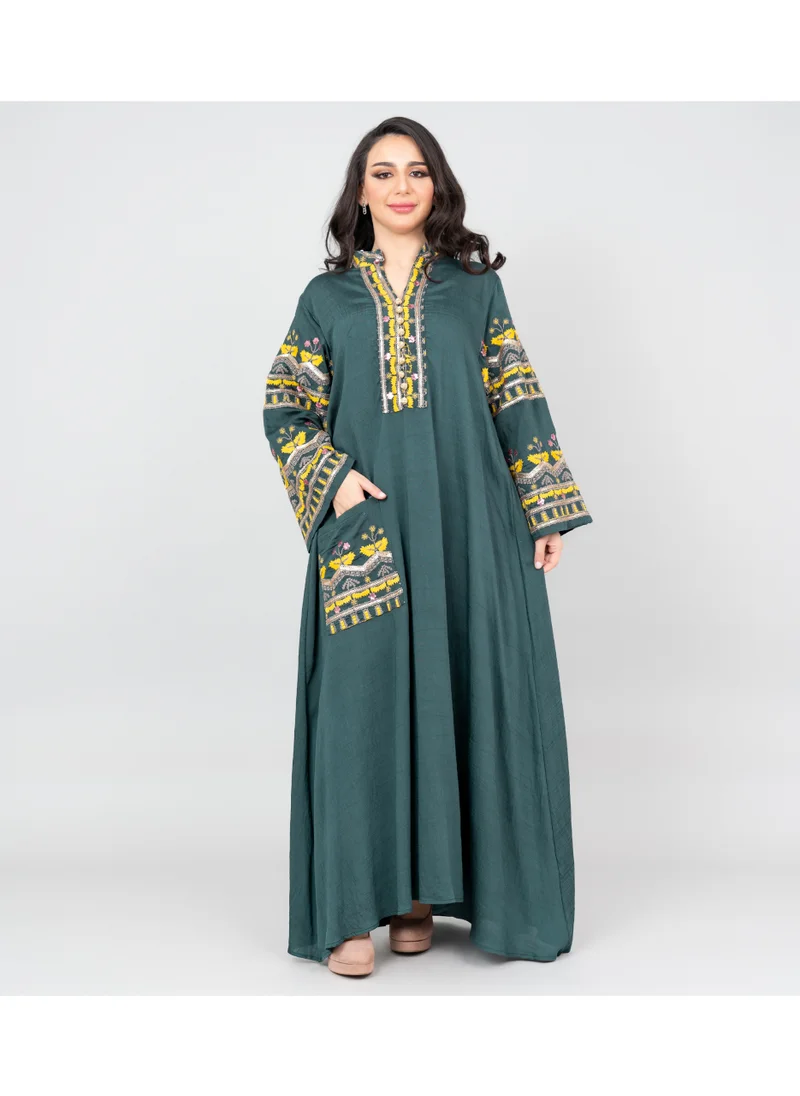 IKKXA Solid Embroidery Jalabiya with Pocket OMN06 Green