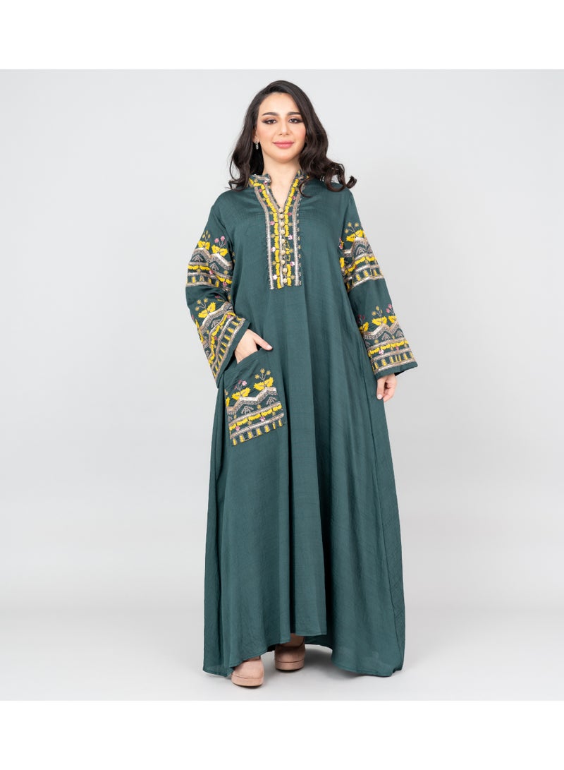 IKKXA Solid Embroidery Jalabiya with Pocket OMN06 Green - Image 1