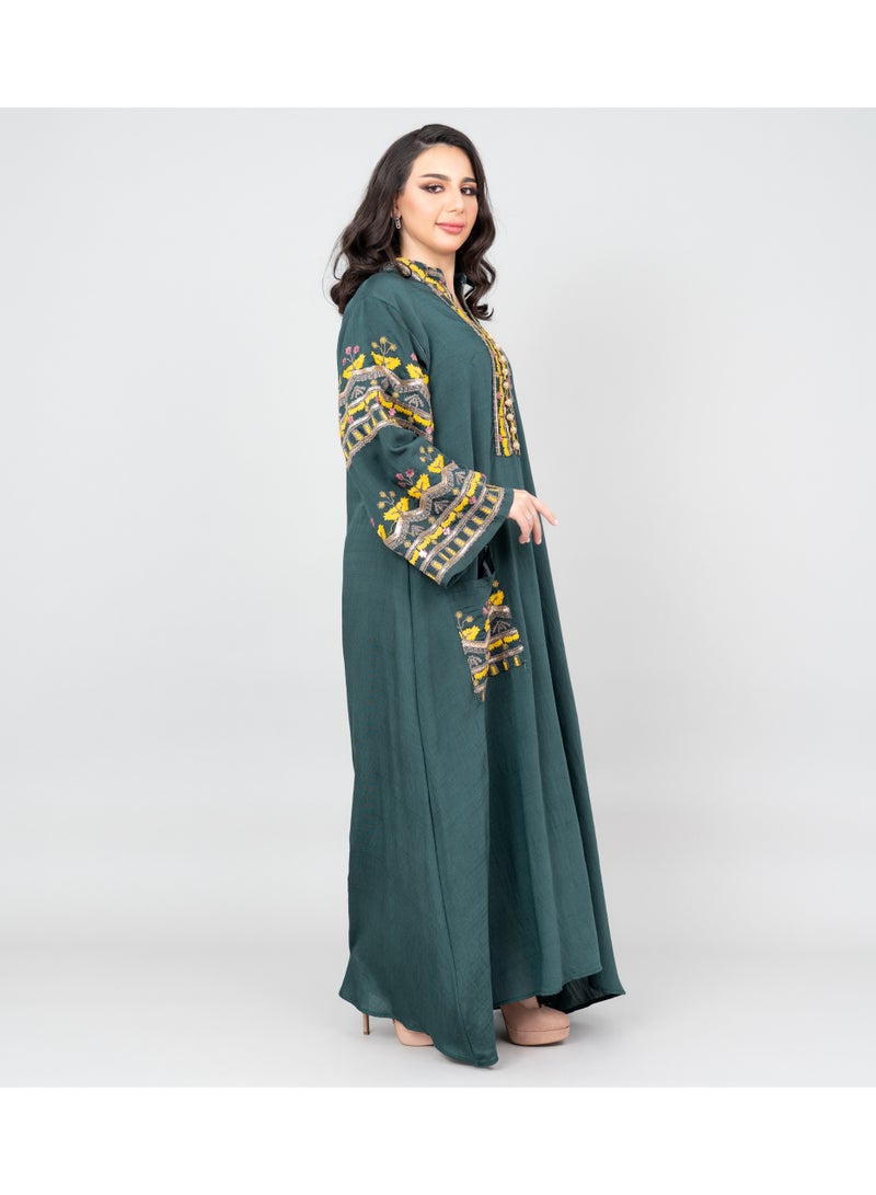 IKKXA Solid Embroidery Jalabiya with Pocket OMN06 Green - Image 2