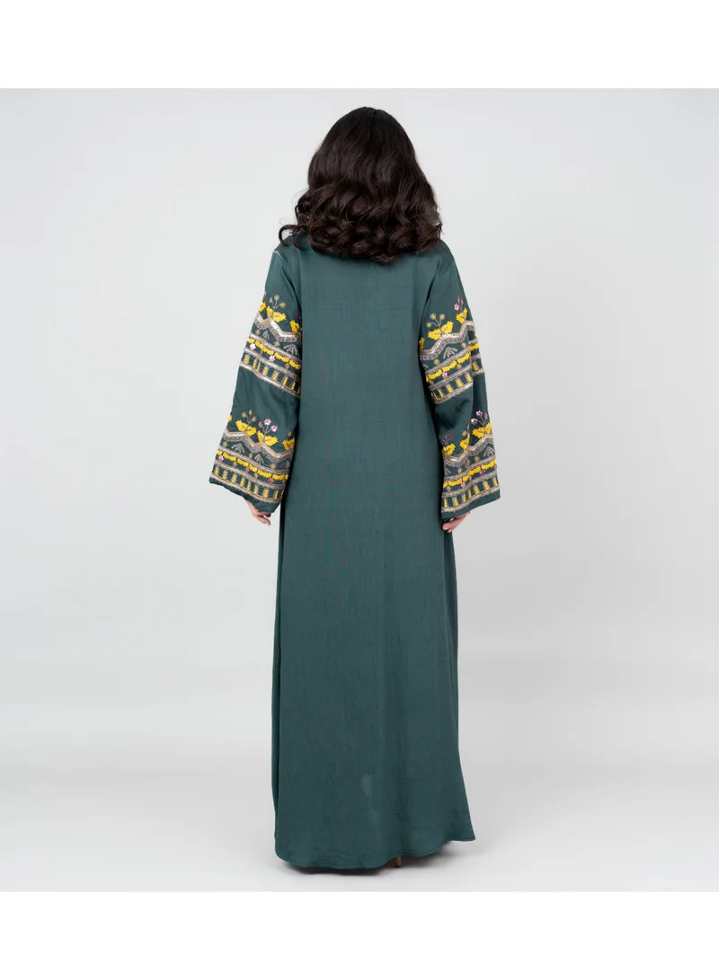 IKKXA Solid Embroidery Jalabiya with Pocket OMN06 Green