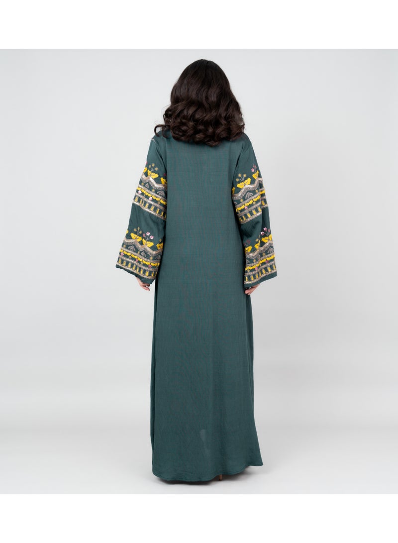 IKKXA Solid Embroidery Jalabiya with Pocket OMN06 Green - Image 3