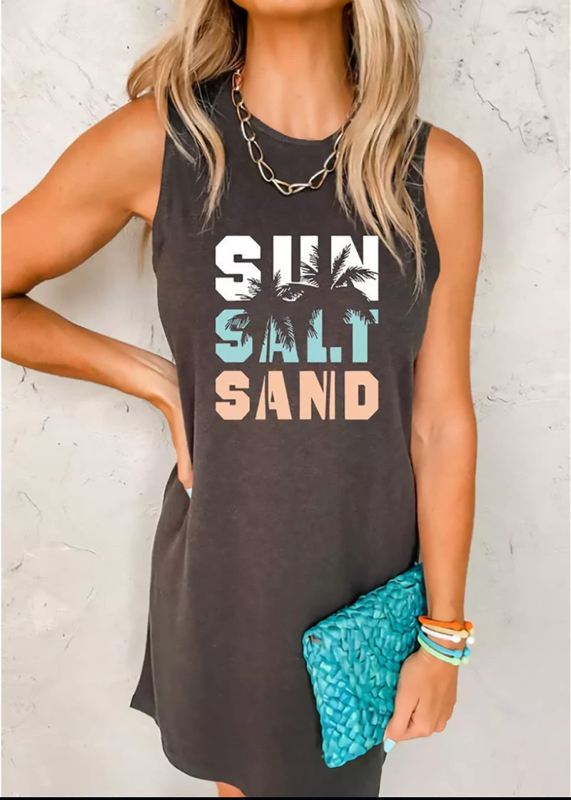 Yuaelria Sun Salt Sand Coconut Tree Sleeveless Mini Dress Women Casual Summer Beach Vacation Workout Tank Dress (Medium,Gray-1) - Image 2