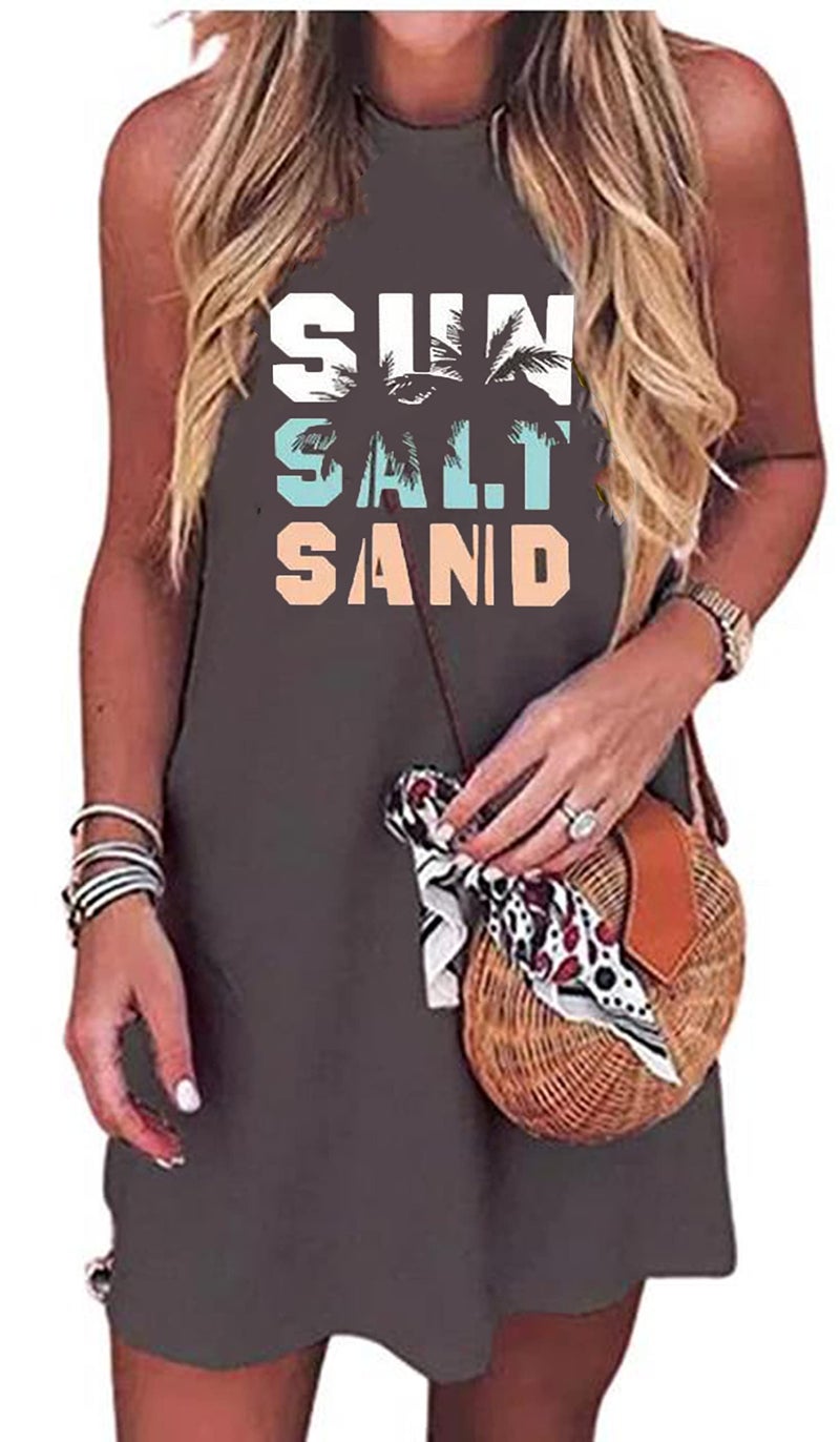 Yuaelria Sun Salt Sand Coconut Tree Sleeveless Mini Dress Women Casual Summer Beach Vacation Workout Tank Dress (Medium,Gray-1) - Image 1