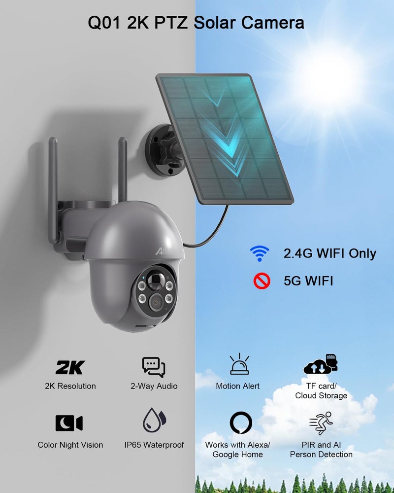 ANRAN 3MP Security Camera Wireless Outdoor, 2K Solar Outdoor Camera with 360° View, Smart Siren, Spotlights, Color Night Vision, PIR Human Detection, Pan Tilt Control, 2-Way Talk, Q01 Grey 2 Packs - Image 3