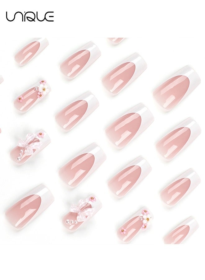 Unique 24Pcs Fake Nails, Press Nails, Mid-length Ballet Manicure - Pink White Pearl Flower Manicure - Bow Ribbon Manicure - Fake Nail Patch - Image 3