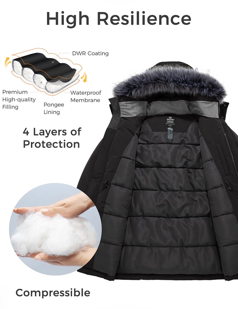 wantdo Men's Long Puffer Coat with Hood Waterproof Winter Parka Outdoor Black M - Image 4
