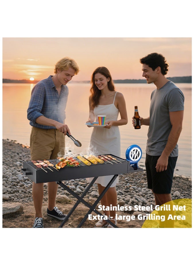 Denzoz Portable Charcoal Grill Folding Barbecue Grill With blower Folding Portable BBQ Grill for Outdoor Camping Home Party and Hiking Picnics Travel Party - Image 2