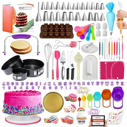 RFAQK 700PCs Cake Decorating Kit with Baking Supplies - Cake Turntable for Decorating with Baking Pans, Leveler, 24 Numbered Piping Tips, 2 Spatulas, Fondant Tools, Video Course, Pattern Chart & More - Image 1