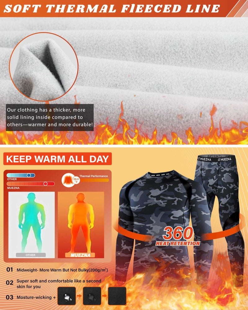 Muezna Men's Thermal Top and Bottom Set Underwear Long Johns Base Layer with Soft Fleece Lined - Blue Camo, Medium - Image 2