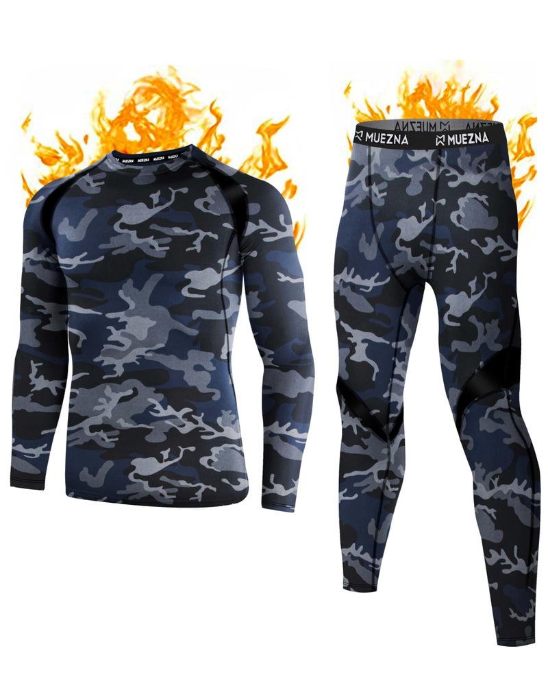 Muezna Men's Thermal Top and Bottom Set Underwear Long Johns Base Layer with Soft Fleece Lined - Blue Camo, Medium - Image 1