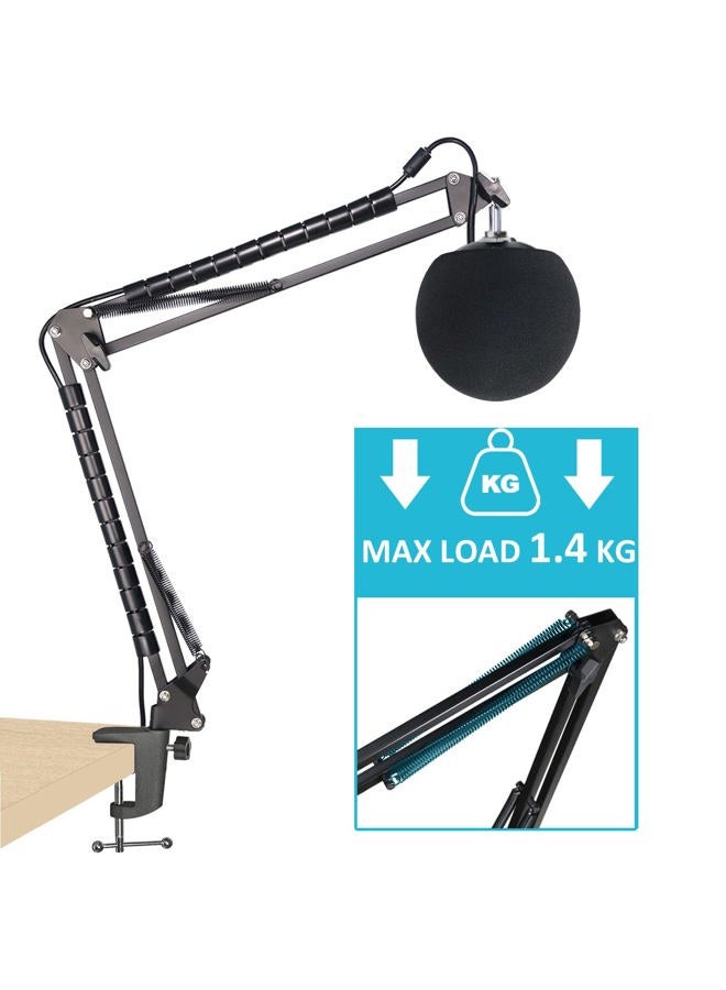 SUNMON for Snowball Ice Mic Boom Arm Stand with Pop Filter, Adjustable Metal Suspension Stand with 3/8" to 5/8" Adapter, Cable Sleeve, Desk Clamp, for Studio & Gaming (Max Load 1.4kg) - Image 2