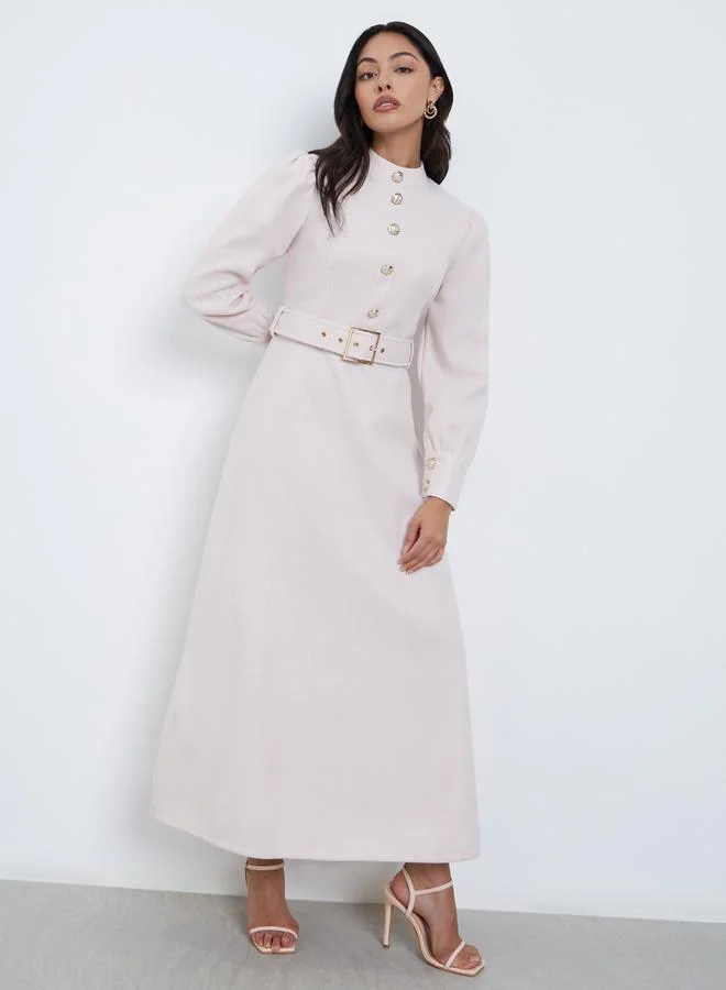 Styli Beige Long Sleeve Belted A-Line Maxi Dress